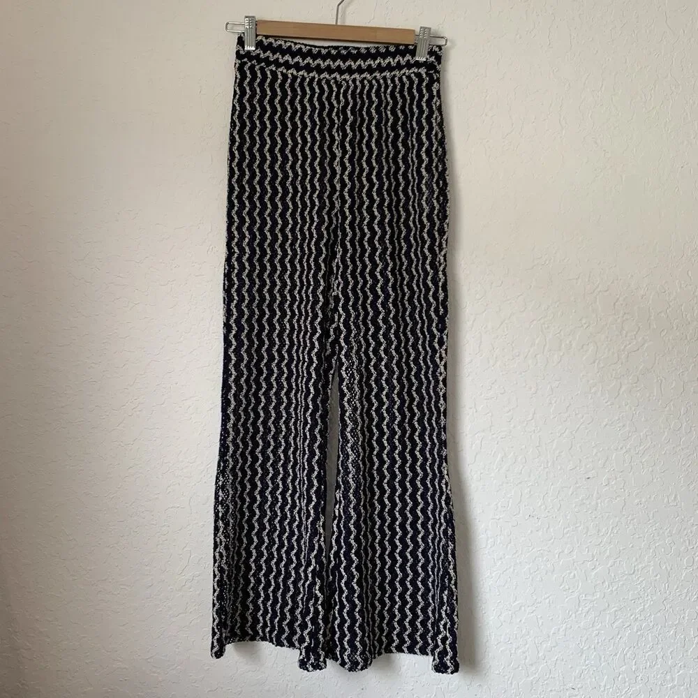 OYSHO Beach Pant XS Open Crochet Knit Navy Blue‎ Cream Stretch Sheer Flare Boho